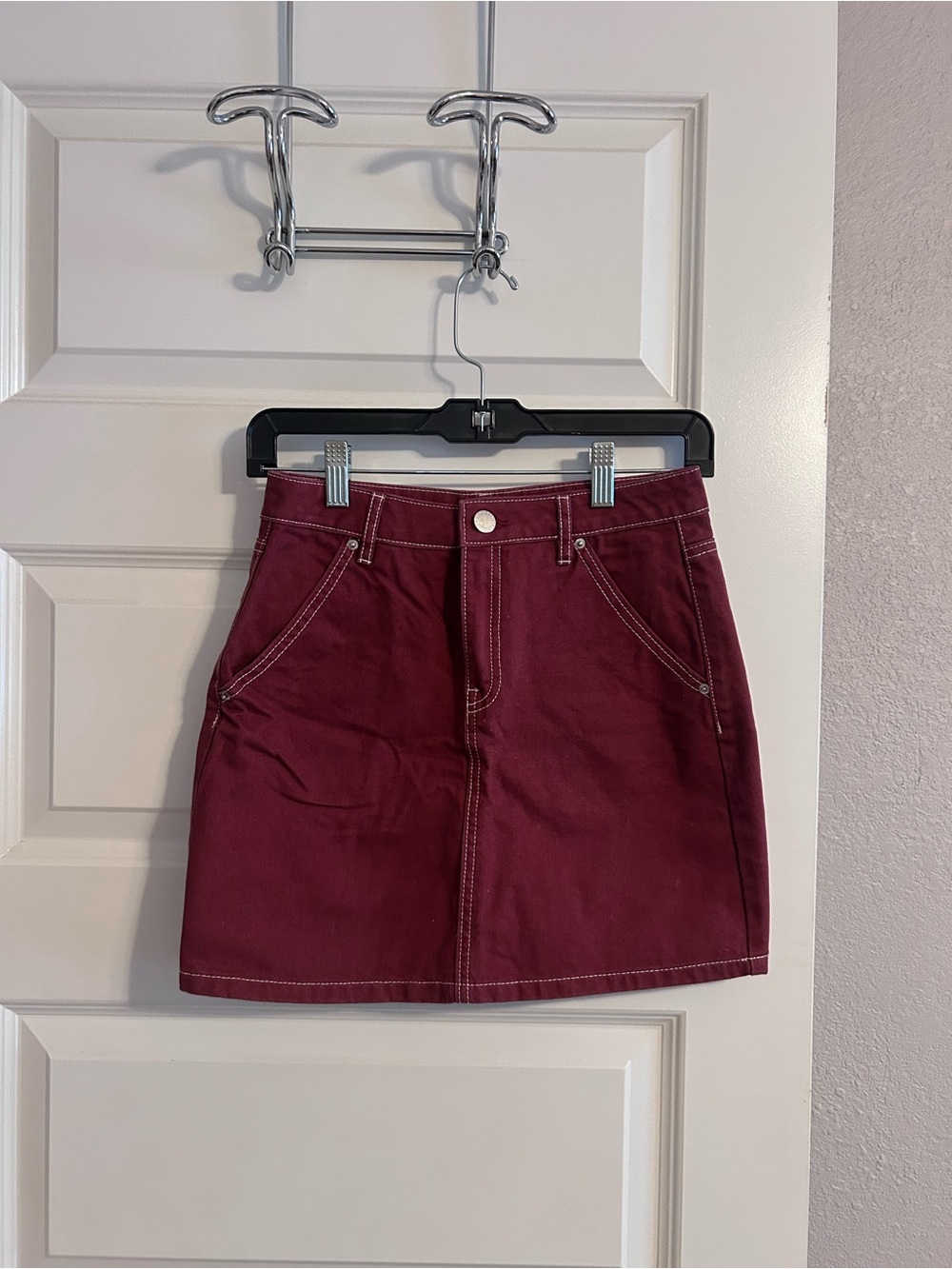 Divided Burgundy Mini Skirt with Contrast Stitching